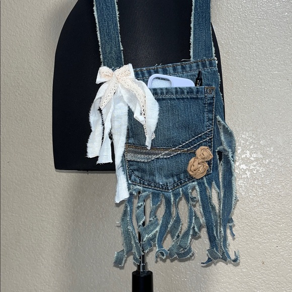 Boho Crossbody Denim Pouch Bag Shabby Cottagecore Pocket Fringe Fairy Festival - Picture 3 of 11